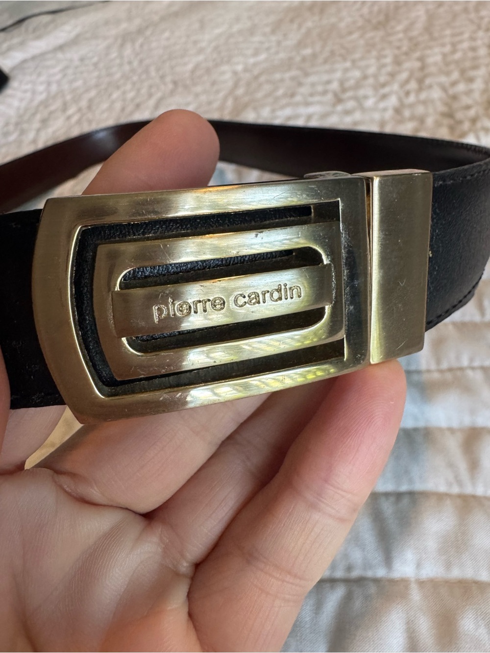 pierre cardin vintage black leather belt gold tone statement buckle